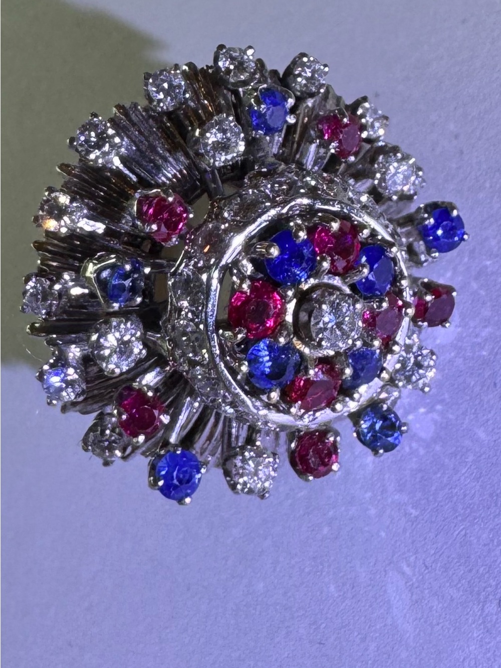 14K Gold Cocktail Ring with Blue Sapphires & Red Rubies and diamonds